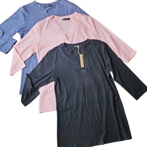 Set Three Comfortable Long Sleeve V-Neck Cotton Blend Pastel Neutral Tops | S